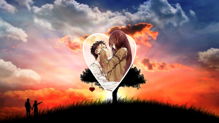 Anime couple in heart frame with sunset sky