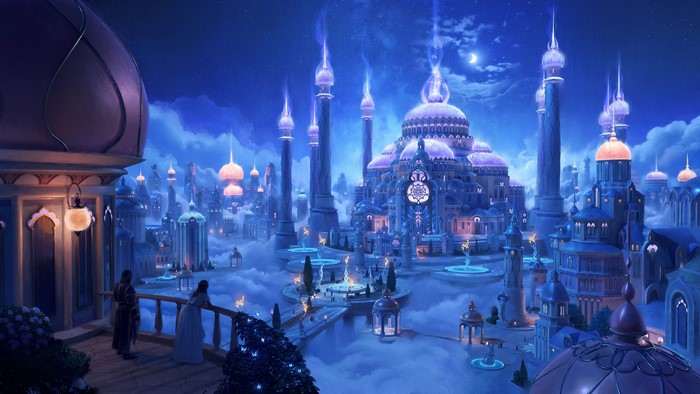 Fantasy cityscape with castles and clouds at night