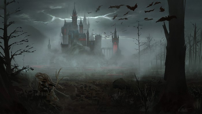 Karine Villette Foggy Castle with Bats at Night