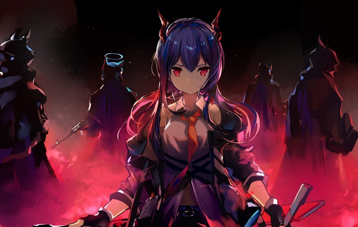 Chen from Arknights with horns and red eyes