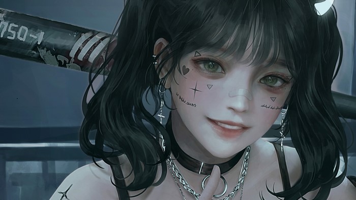 Girl with black twintails and green eyes holding a baseball bat