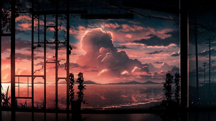 Anime sunset over the ocean with clouds