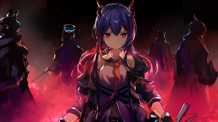 Chen from Arknights with red eyes and purple hair
