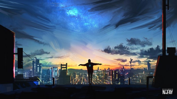 Man with arms outstretched on a rooftop overlooking a city at sunset