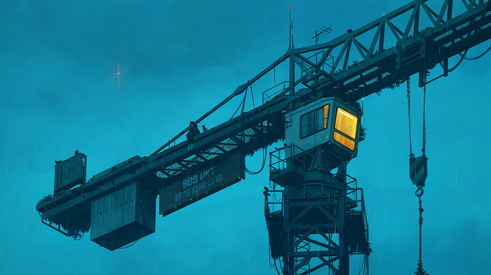 Artwork of a crane in the rain at dusk