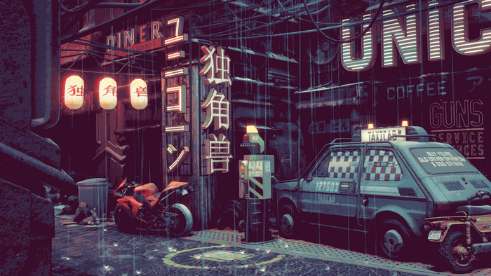 Cyberpunk street with Fiat taxi and motorcycle