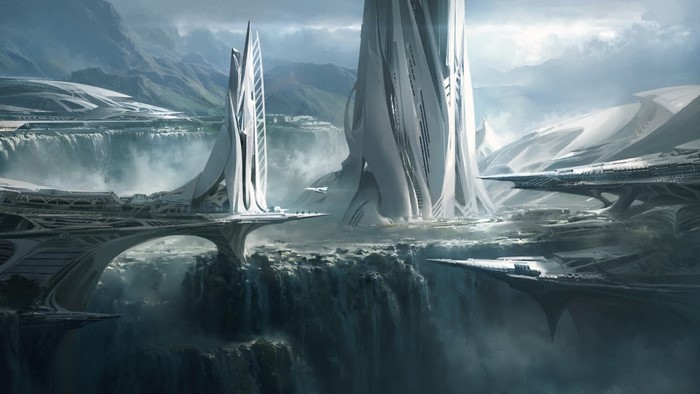 Futuristic city with waterfalls and mountains