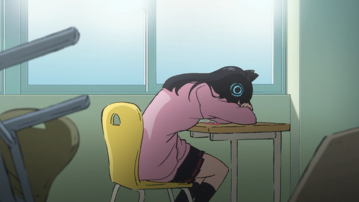 Girl with headphones sleeping at a desk in FLCL