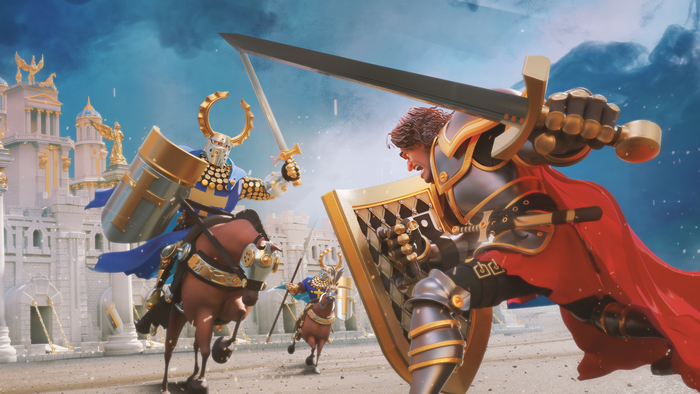 Knights battling on horseback in front of a white castle