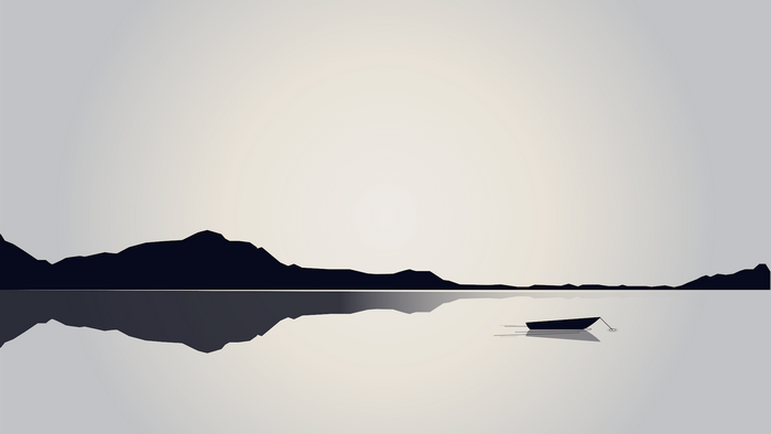 Minimalist silhouette of mountains and a boat on water