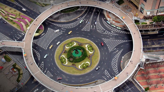 Aerial view of Mingzhu Roundabout in Shanghai, China