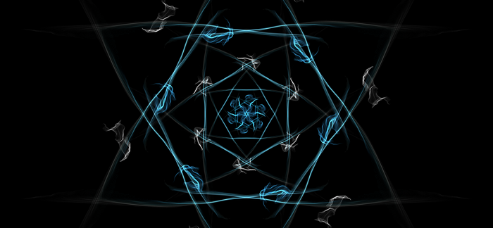 Abstract digital art with blue and white lines on black background