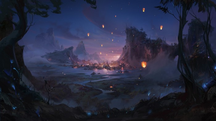 Digital art of a village by a lake with mountains and lanterns