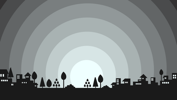 Minimalist town silhouette with concentric circles background