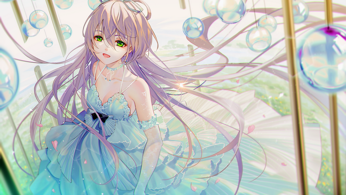 Anime girl with long purple hair and green eyes in a blue dress