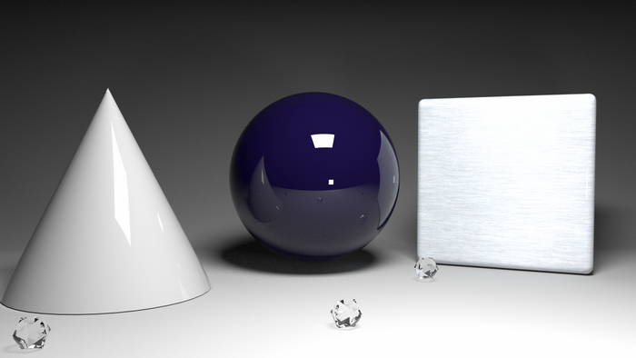 White Cone, Blue Sphere, and Metal Cube