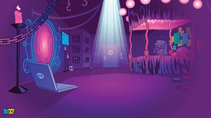 Teen Titans Go! room with portal and bed
