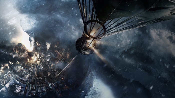 Frostpunk city from above during a storm