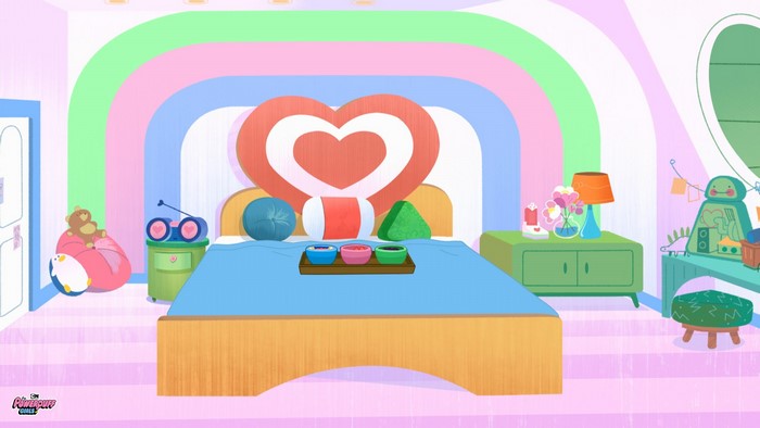 Powerpuff Girls bedroom with heart-shaped headboard