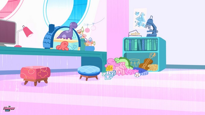 Powerpuff Girls room with toys and desk