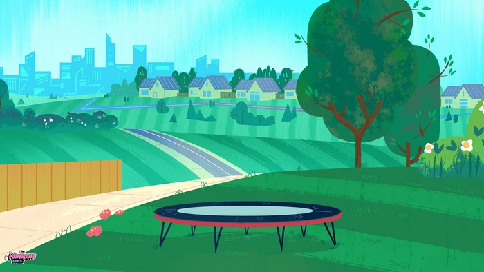 Powerpuff Girls cartoon cityscape with hills and trampoline