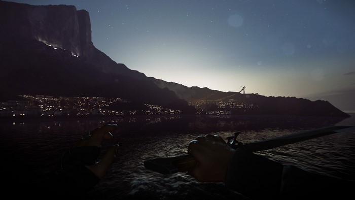 Dishonored 2 screenshot of a character holding a sword at night