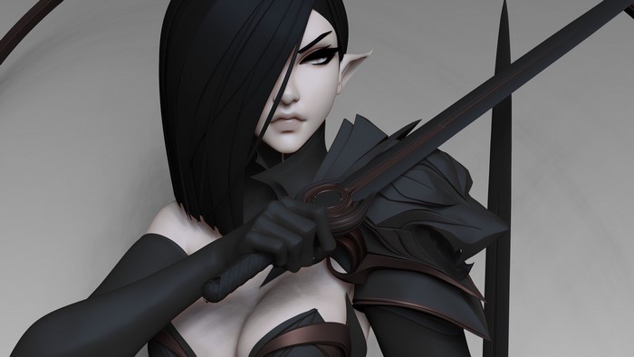 Fantasy elf warrior with black hair and sword