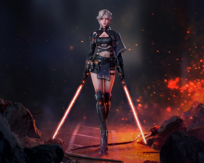 Cyborg woman with lightsabers in sci-fi setting