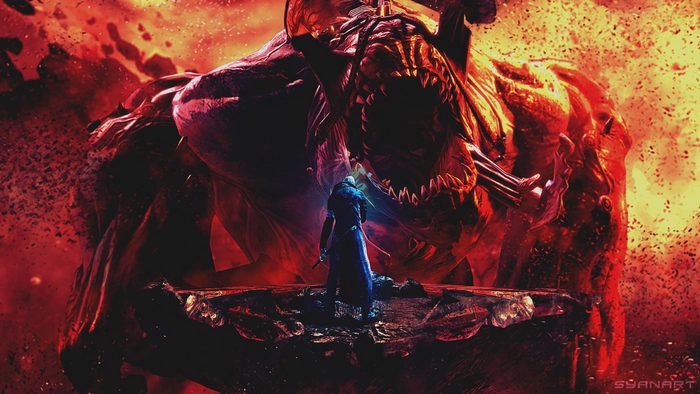 Vergil confronts a giant demon in DmC: Devil May Cry