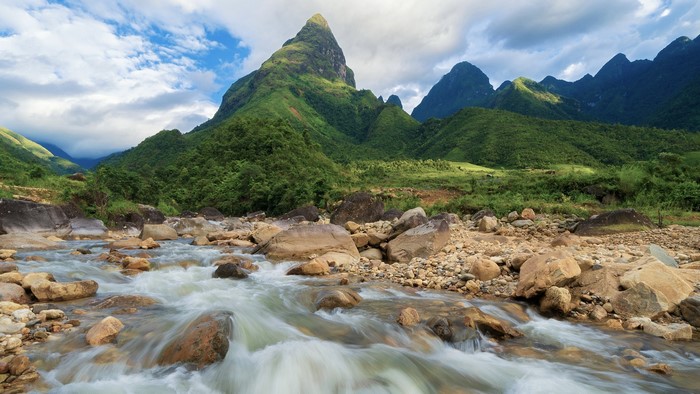 Mountain landscape with river and rocks in Vietnam
