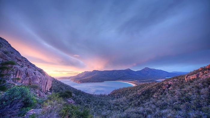 Wineglass Bay, Tasmania, Australia at sunset