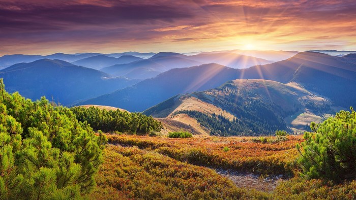 Sun rays over Carpathian Mountains landscape in Ukraine
