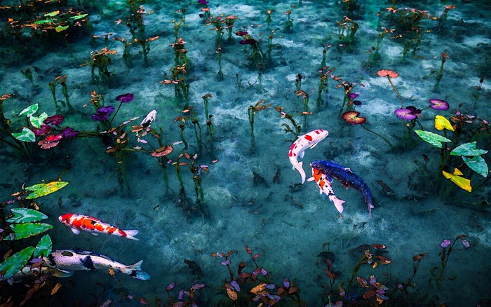 4K Koi fish swimming in a pond with lily pads