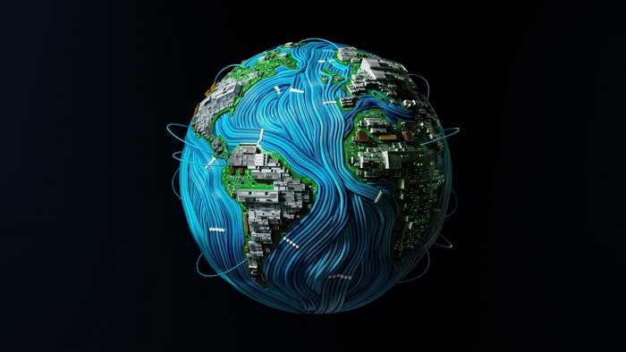 Digital Earth with blue cables and circuit boards