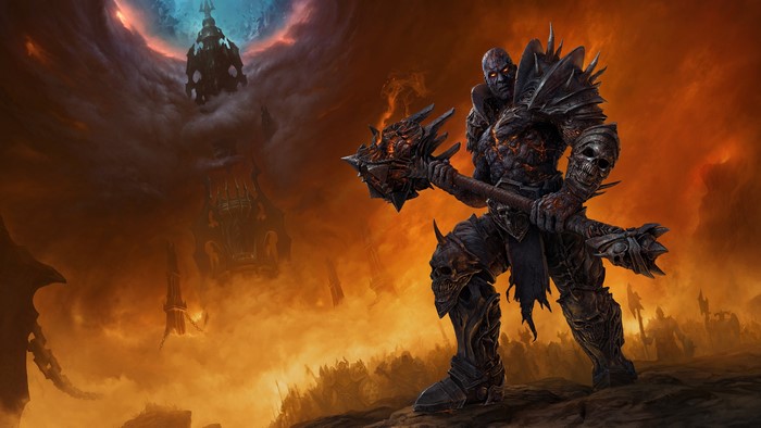 Bolvar Fordragon from World of Warcraft in a fiery landscape