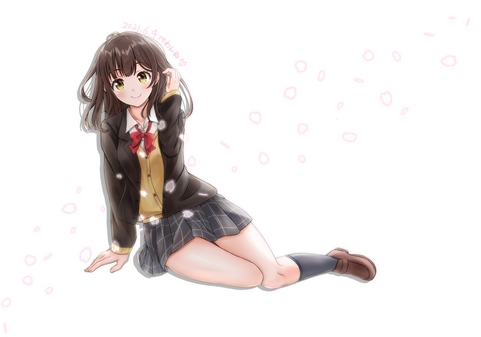 Sayu Ogiwara from Higehiro sitting with cherry blossoms