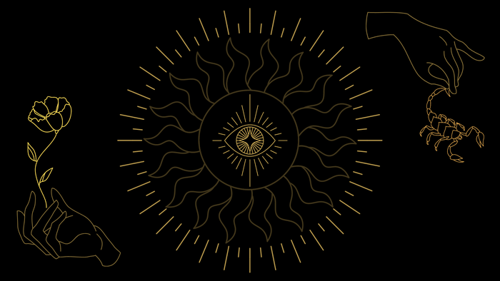 Minimalist sun with eye, hands, flower, and scorpion