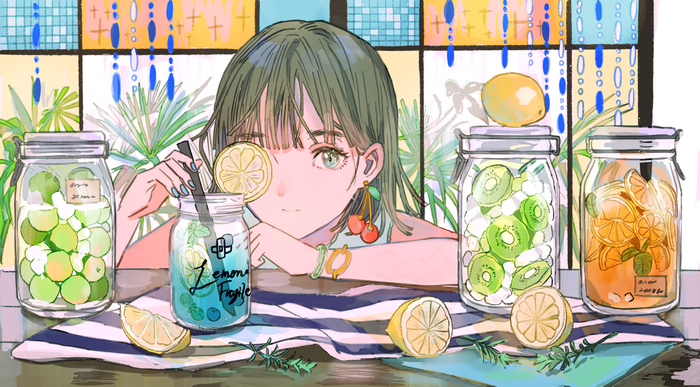Anime girl with fruit jars and drinks