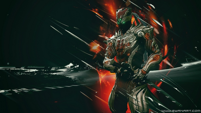 Warframe Ash with glowing green eyes and swords
