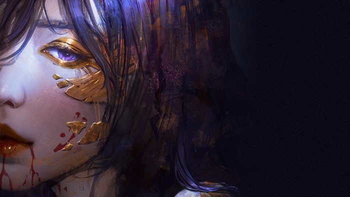 Close-up of a woman with gold and blood on her face