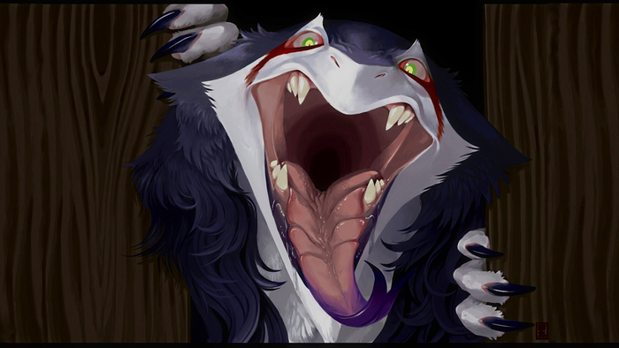 Furry creature with dark fur and sharp teeth