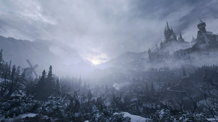 Resident Evil Village castle and windmill in snow