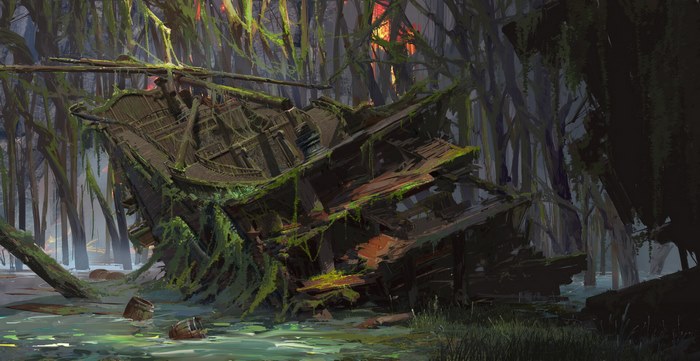 Fantasy Shipwreck in a Swamp