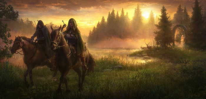 Geralt and Ciri from The Witcher on horseback at sunset