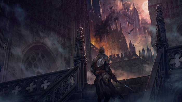 Man with sword in front of gothic castle