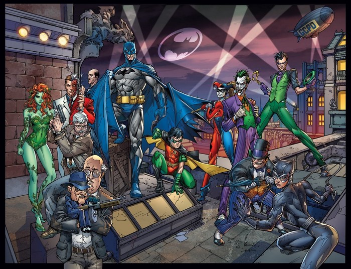 Batman and villains on a Gotham rooftop