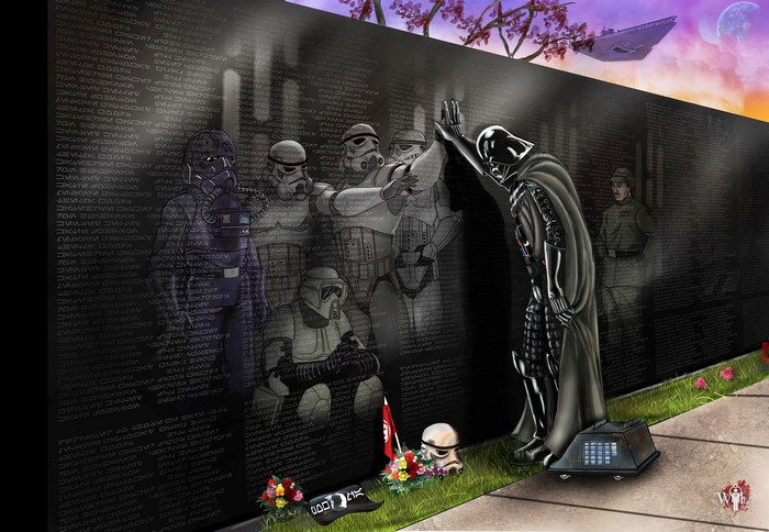 Darth Vader and Stormtroopers at a Memorial Wall