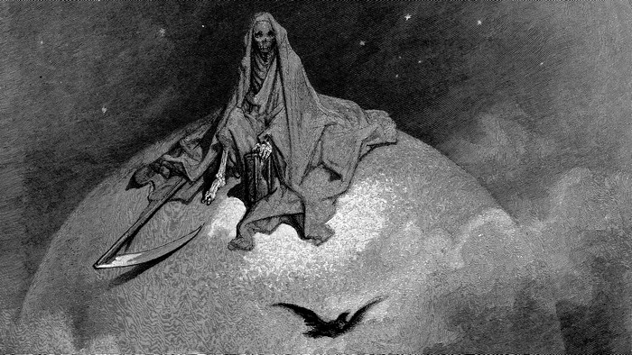 Death sitting on the Earth with a scythe