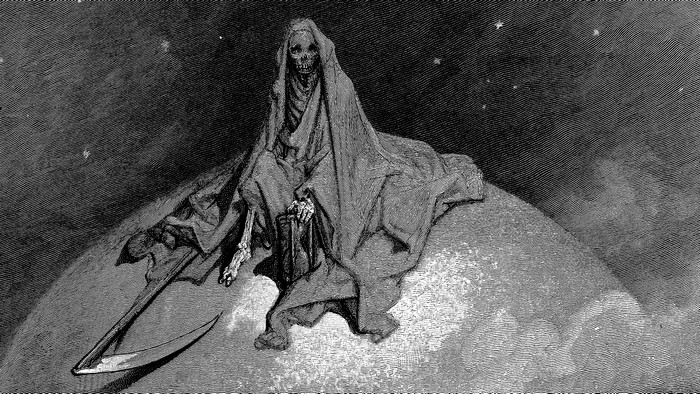 Death sitting on the Earth with a scythe