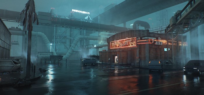 Cyberpunk 2077 concept art of a city industrial district